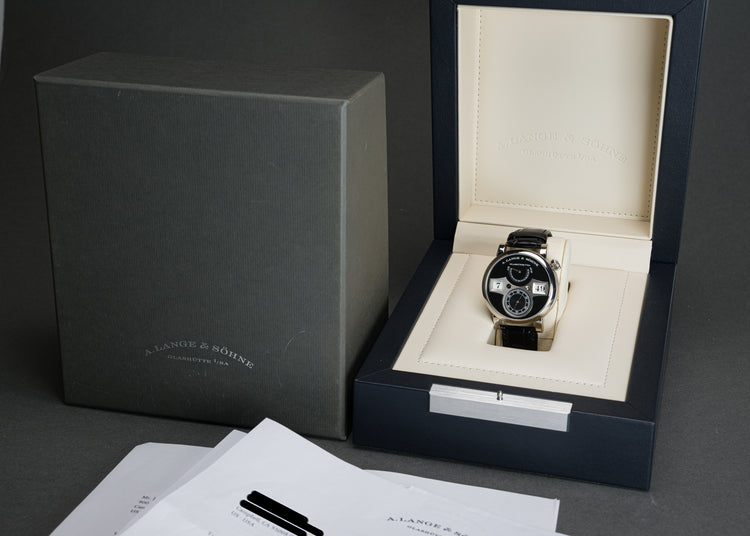 A.Lange & Sohne Glashutte Zeitwerk Black 18k White Gold Box & Service Papers