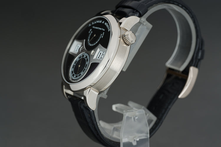 A.Lange & Sohne Glashutte Zeitwerk Black 18k White Gold Box & Service Papers