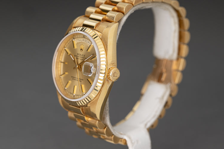 1990 18K Rolex Day-Date 18238 Champagne Stick Dial Double Quick-Set