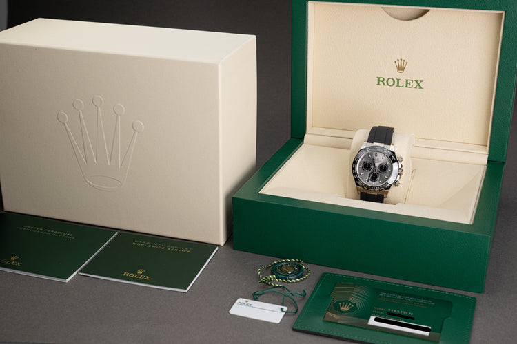 2023 Rolex 18k White Gold Daytona 116519LN OysterFlex Silver Dial Full Set
