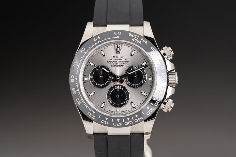 2023 Rolex 18k White Gold Daytona 116519LN OysterFlex Silver Dial Full Set