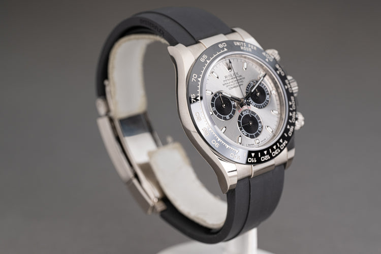 2023 Rolex 18k White Gold Daytona 116519LN OysterFlex Silver Dial Full Set