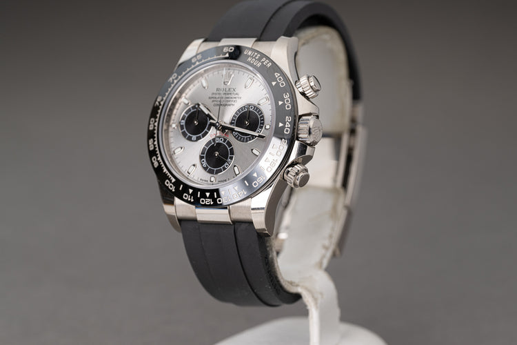 2023 Rolex 18k White Gold Daytona 116519LN OysterFlex Silver Dial Full Set