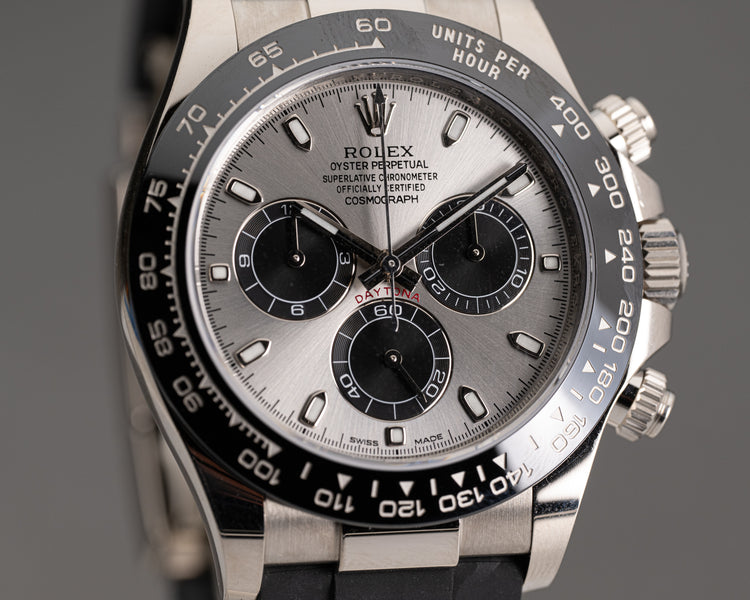2023 Rolex 18k White Gold Daytona 116519LN OysterFlex Silver Dial Full Set