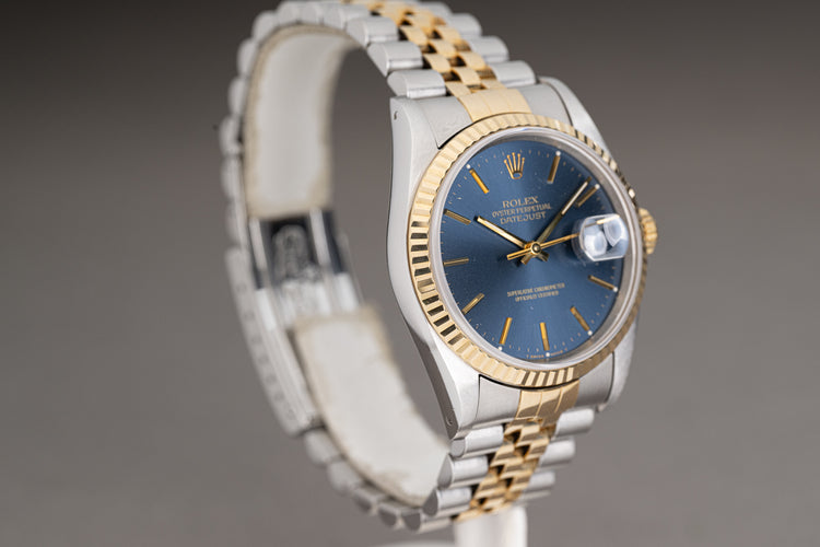 1991 Rolex 18k/St Datejust 16233 Blue Stick Dial Gold hands & Tritium Lume Plots