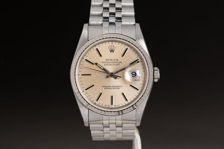 1994 Rolex Datejust 16234 Tropical Silver Stick Dial Fluted Bezel & Jubilee Bracelet