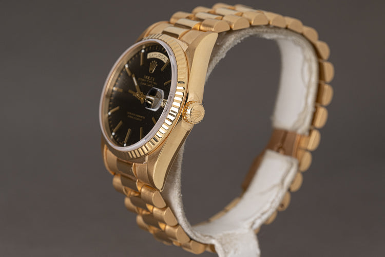 1995 Rolex Day-Date 18238 Black Tapestry Dial with Booklets, Rolex Service Pouch, Hang Tag