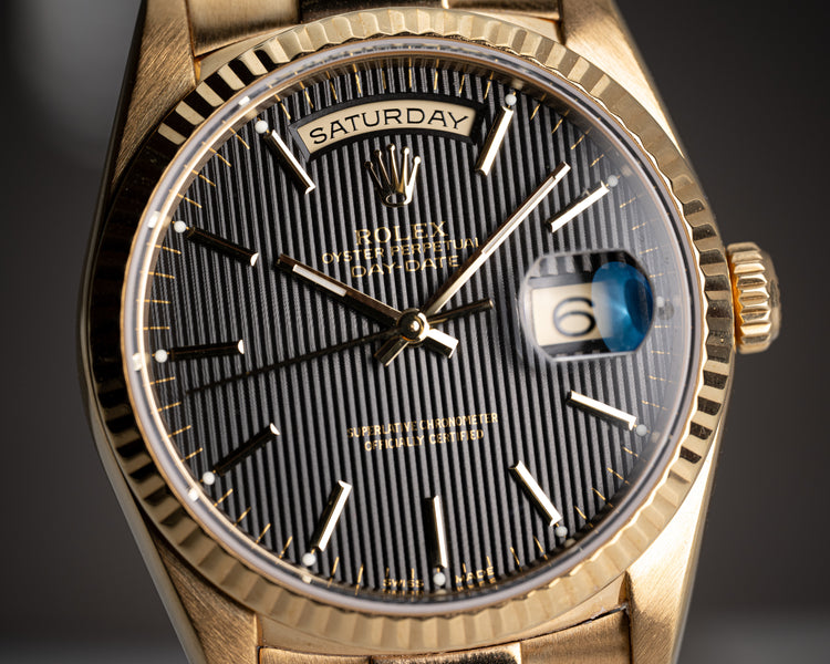 1995 Rolex Day-Date 18238 Black Tapestry Dial with Booklets, Rolex Service Pouch, Hang Tag