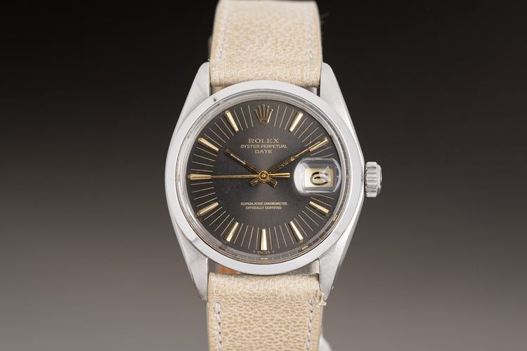 1971 Rolex Date Model 1500 with Gray Dial, Gilt Hands, Gilt Baton Markers on Strap with Service Papers