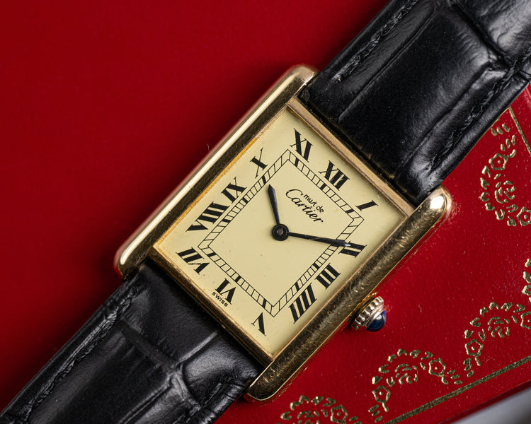 Cartier Argent 925 Plaque Tank "Must de Cartier" Sapphire Cabochon Crown Manual Wind with Cartier Booklet and Travel Case