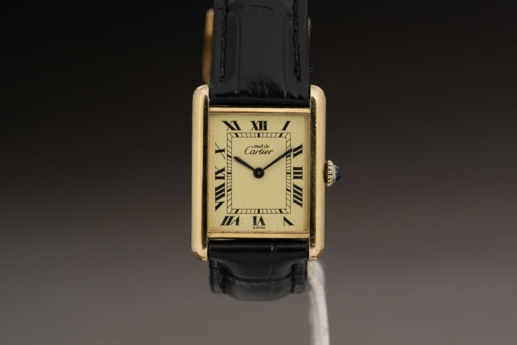 Cartier Argent 925 Plaque Tank "Must de Cartier" Sapphire Cabochon Crown Manual Wind with Cartier Booklet and Travel Case