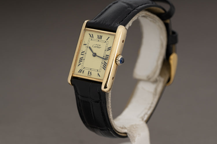 Cartier Argent 925 Plaque Tank "Must de Cartier" Sapphire Cabochon Crown Manual Wind with Cartier Booklet and Travel Case