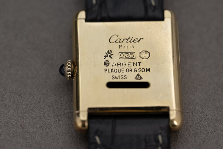 Cartier Argent 925 Plaque Tank "Must de Cartier" Sapphire Cabochon Crown Manual Wind with Cartier Booklet and Travel Case