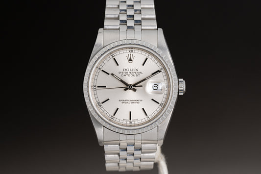 2000 Rolex 16220 36mm Datejust Silver Stick Dial with Roman Numeral Track Ring & Jubilee Bracelet