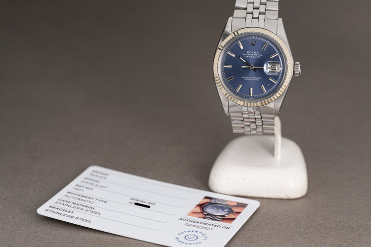 1973 Rolex Datejust 1601 Blue Pie Pan Dial Fluted Bezel, Folded Jubilee Bracelet, Ebay Guarantee Card
