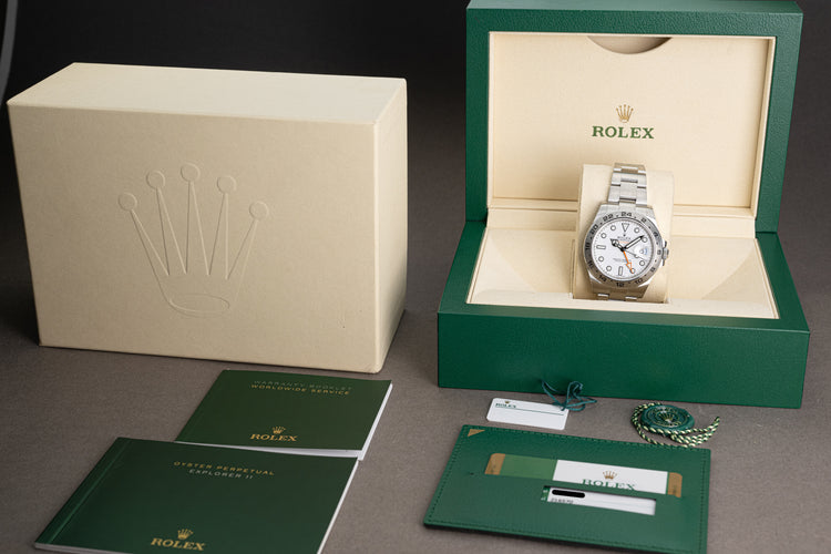 2018 Rolex 216570 42mm White Dial Explorer II Box, Card, Booklets, Wallet, Hangtags & Chrono Tag