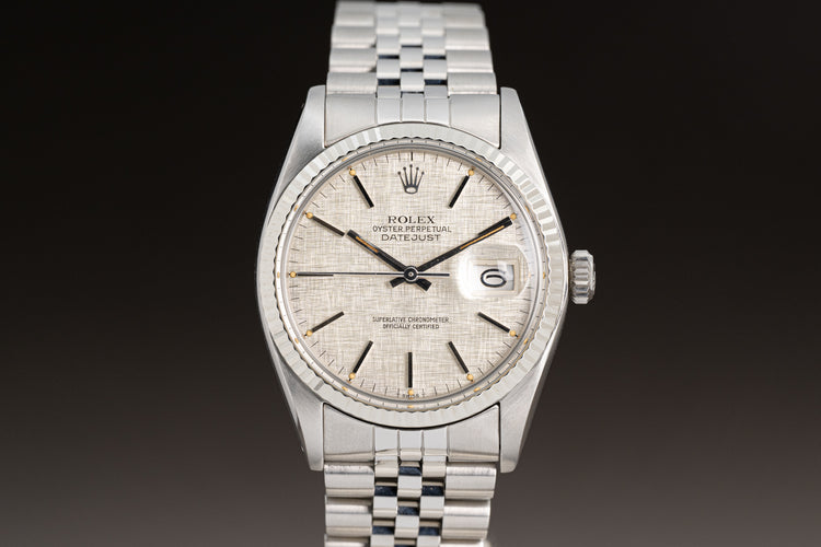 1978 Rolex 36mm Datejust Model 16014 Gray Linen Swiss only Dial Jubilee Bracelet