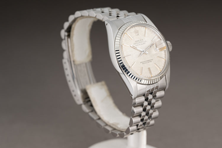 1978 Rolex 36mm Datejust Model 16014 Gray Linen Swiss only Dial Jubilee Bracelet