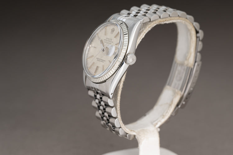 1978 Rolex 36mm Datejust Model 16014 Gray Linen Swiss only Dial Jubilee Bracelet