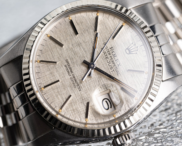 1978 Rolex 36mm Datejust Model 16014 Gray Linen Swiss only Dial Jubilee Bracelet