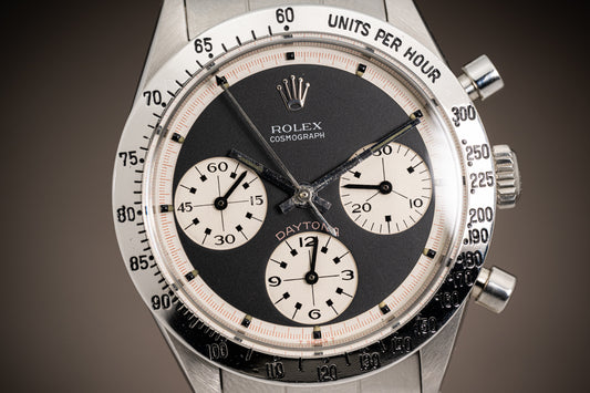 1969 Rolex 6239 "Paul Newman" Cosmograph Daytona MK1 Black Dial & White Sub Dials serviced at Rolex Geneva w/ Service Booklet and Box