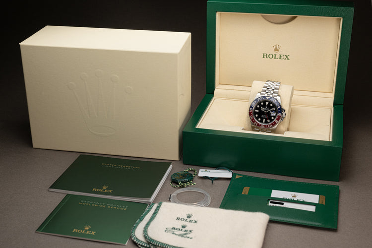 2018 Rolex GMT-Master II Ceramic Pepsi Bezel w/ Jubilee Bracelet, Box, Card, Cloth, Booklets, Hangtag & Chrono Tag