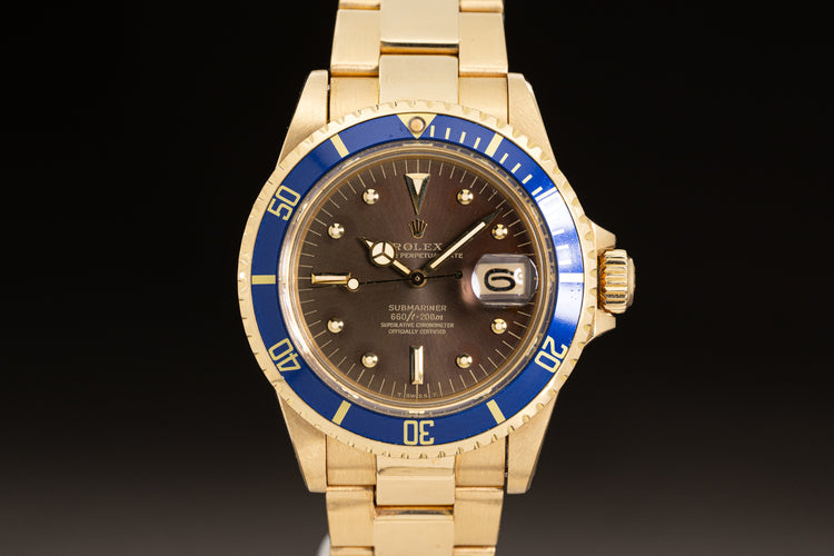1976 18k Rolex 1680 Submariner Yellow Gold with beautiful Brown color changed Nipple Dial