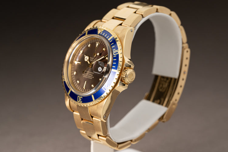 1976 18k Rolex 1680 Submariner Yellow Gold with beautiful Brown color changed Nipple Dial