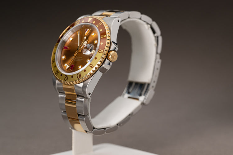 1997 Rolex 16713 GMT Master II Custom Brown Dial Diamond & Ruby Serti Markers with Box, Papers & Booklets