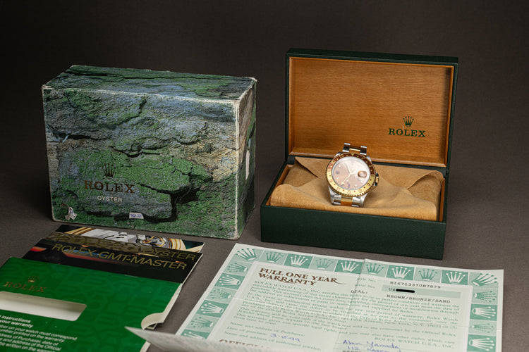 1997 Rolex 16713 GMT Master II Custom Brown Dial Diamond & Ruby Serti Markers with Box, Papers & Booklets