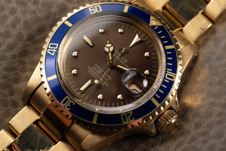 1976 18k Rolex 1680 Submariner Yellow Gold with beautiful Brown color changed Nipple Dial