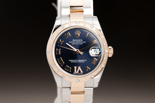 2018 Rolex 178341 31mm DJ 18k RG/St Bracelet, Deep Navy Dial, Gold & Diamond Roman Numeral & 24 Diamond Bezel w/ B+C