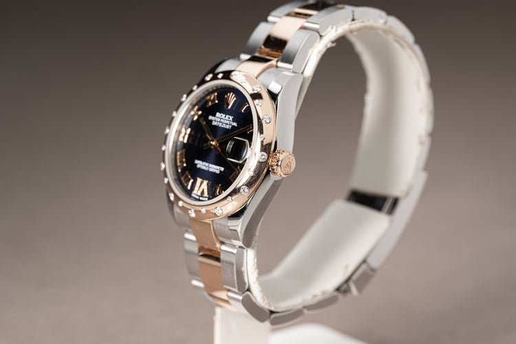 2018 Rolex 178341 31mm DJ 18k RG/St Bracelet, Deep Navy Dial, Gold & Diamond Roman Numeral & 24 Diamond Bezel w/ B+C