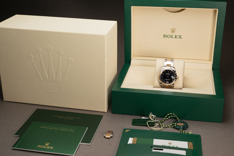 2018 Rolex 178341 31mm DJ 18k RG/St Bracelet, Deep Navy Dial, Gold & Diamond Roman Numeral & 24 Diamond Bezel w/ B+C