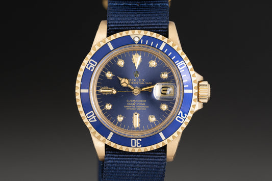 1978 Rolex 18k Submariner 1680 Blue Dial on Blue Nato strap