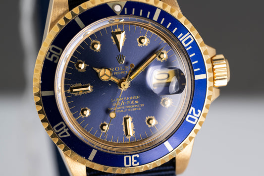1978 Rolex 18k Submariner 1680 Blue Dial on Blue Nato strap