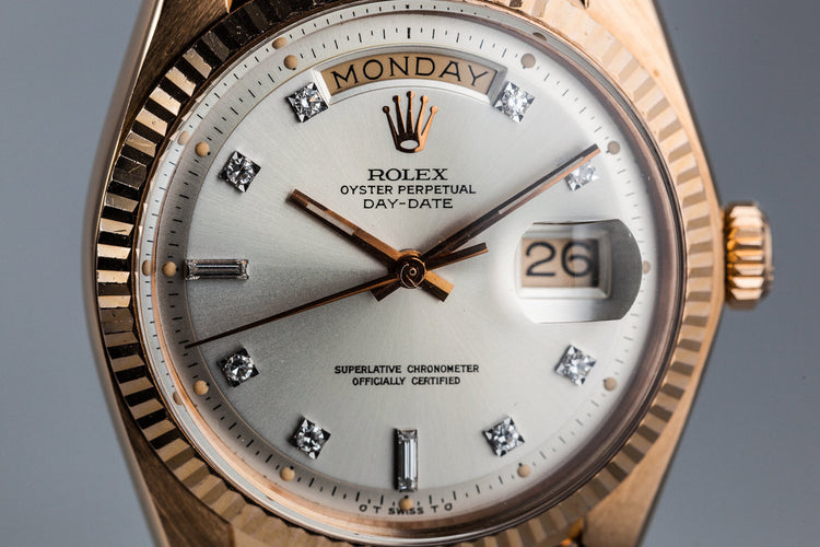 1972 Rolex Rose Gold Day Date 1803 Factory Diamond Silver Dial