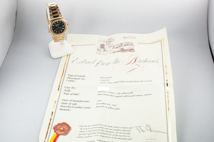 1992 18L YG Patek Phlippe Nautilus 3800/1 with Box and Extract from the Archives