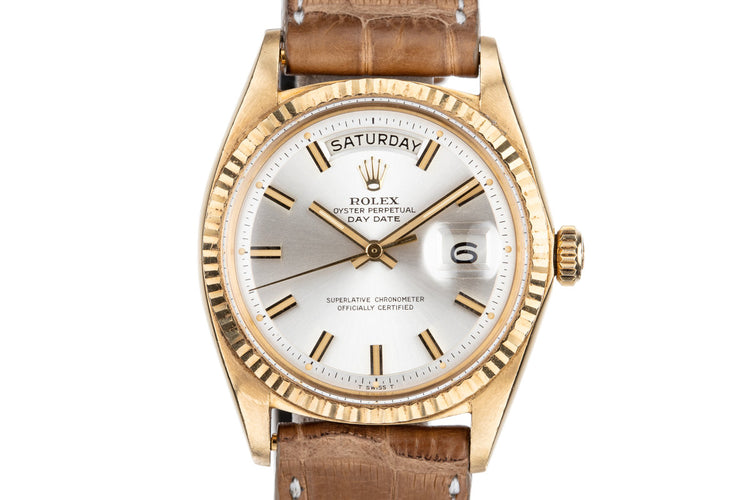 1968 Rolex 18K Day-Date 1803 Silver "Wide Boy" Dial with Box and Double Punch Papers