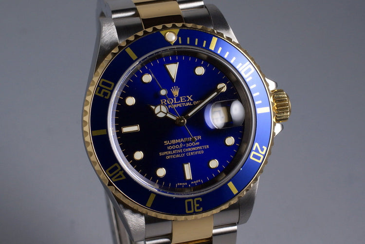 2005 Rolex Two Tone Blue Submariner 16613 with Box and Papers
