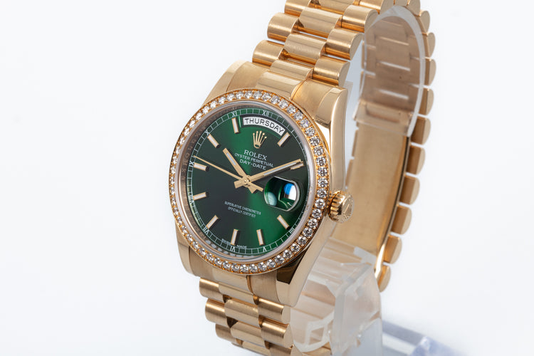 2017 Rolex Day-Date 118348 with Green Dial & Diamond Bezel w/ Box & Card
