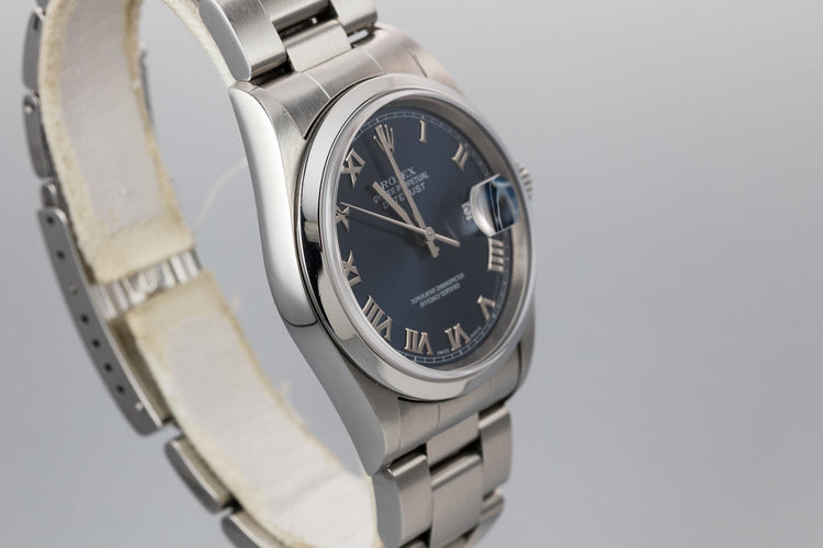 1999 Rolex DateJust 16200 Blue Roman Numeral Dial with Service Papers