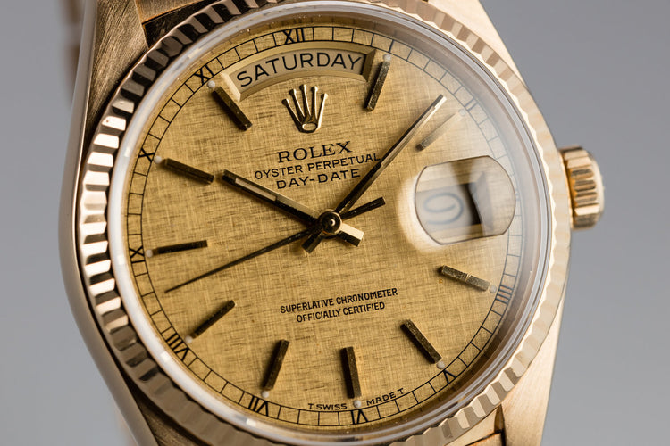 1985 Rolex 18K YG Day-Date 18038 with Gold Linen Dial