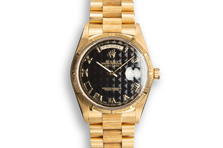 1986 Rolex 18K YG Bark Day-Date 18078 Black Pyramid Dial with Service Papers