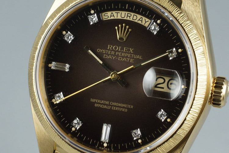 1979 Rolex YG Bark Day Date 18078 Factory Diamond Vignette Dial with Box and Papers