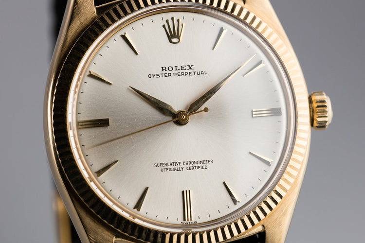 1959 Rolex 18K YG Oyster Perpetual 1013 with SWISS Only Silver Non-Luminous Dial