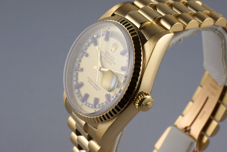 1986 Rolex YG Day Date 18038 Factory Diamond and Ruby String Dial