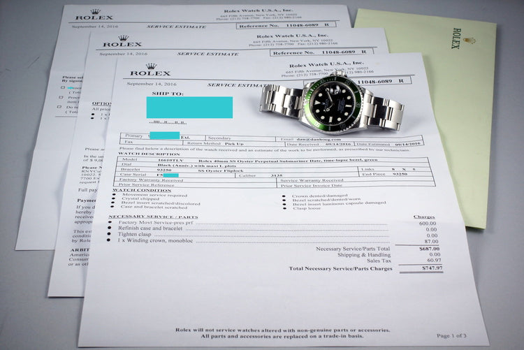 2004 Rolex Green Submariner 16610V Mark I Dial with RSC Service Estimate