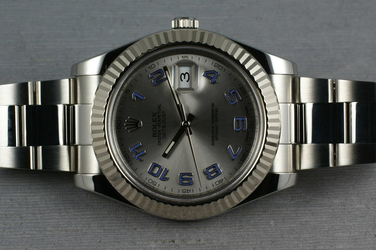 Rolex Datejust II Ref: 116334 with RHODIUM and BLUE ARABIC dial