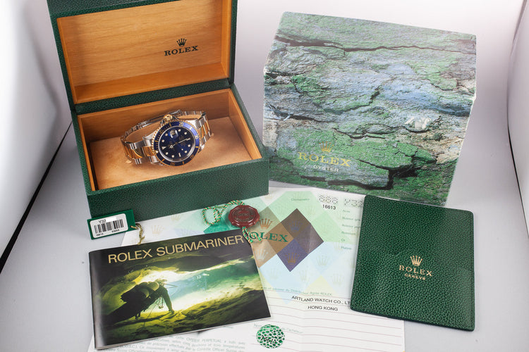 2002 Rolex Two-Tone Submariner 16613 Blue Dial with Box and Papers.
